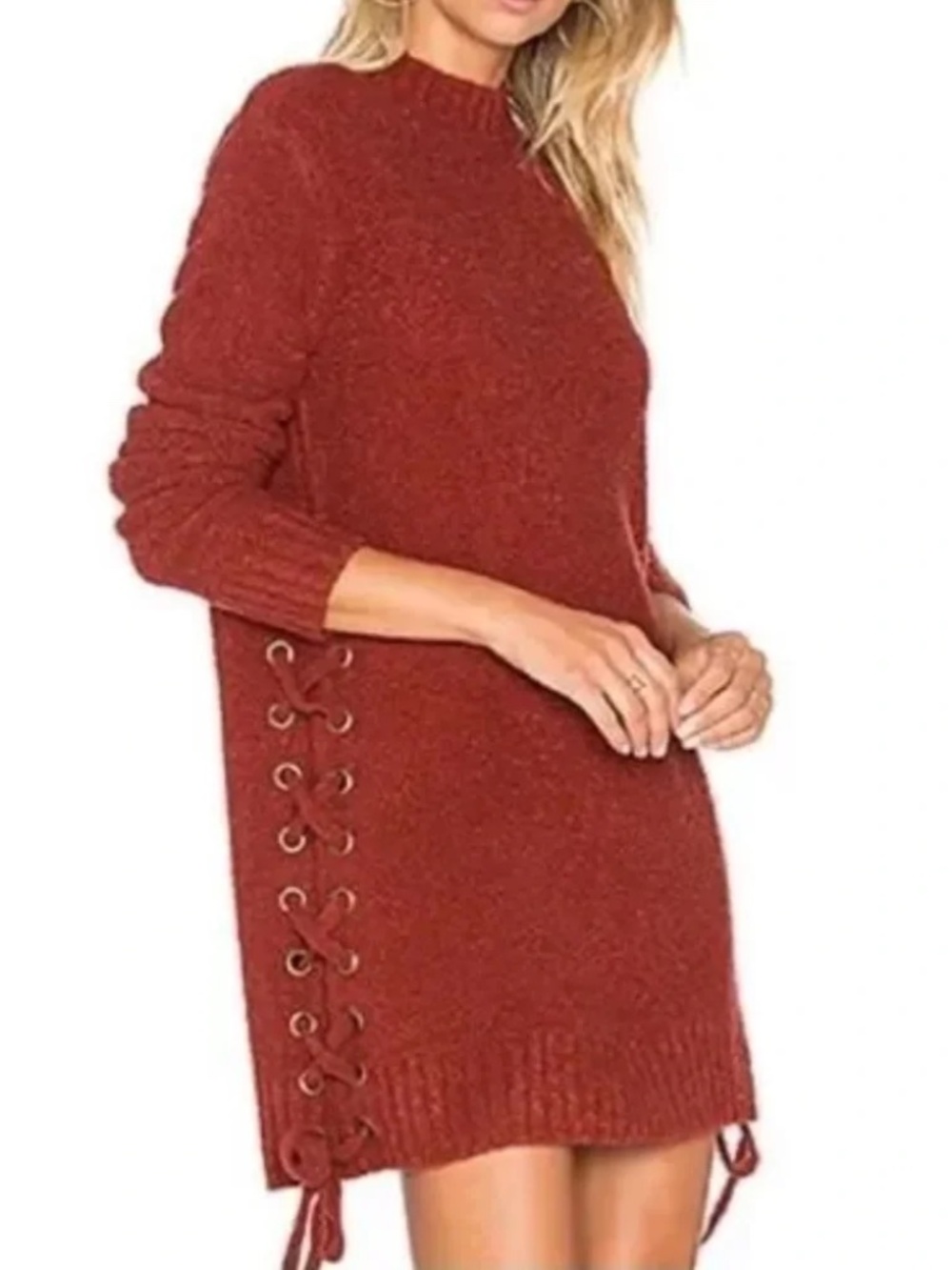 Lovers + Friends Em Sweater Dress Wool Blend Mock Neck Lace Up Rust Size Small